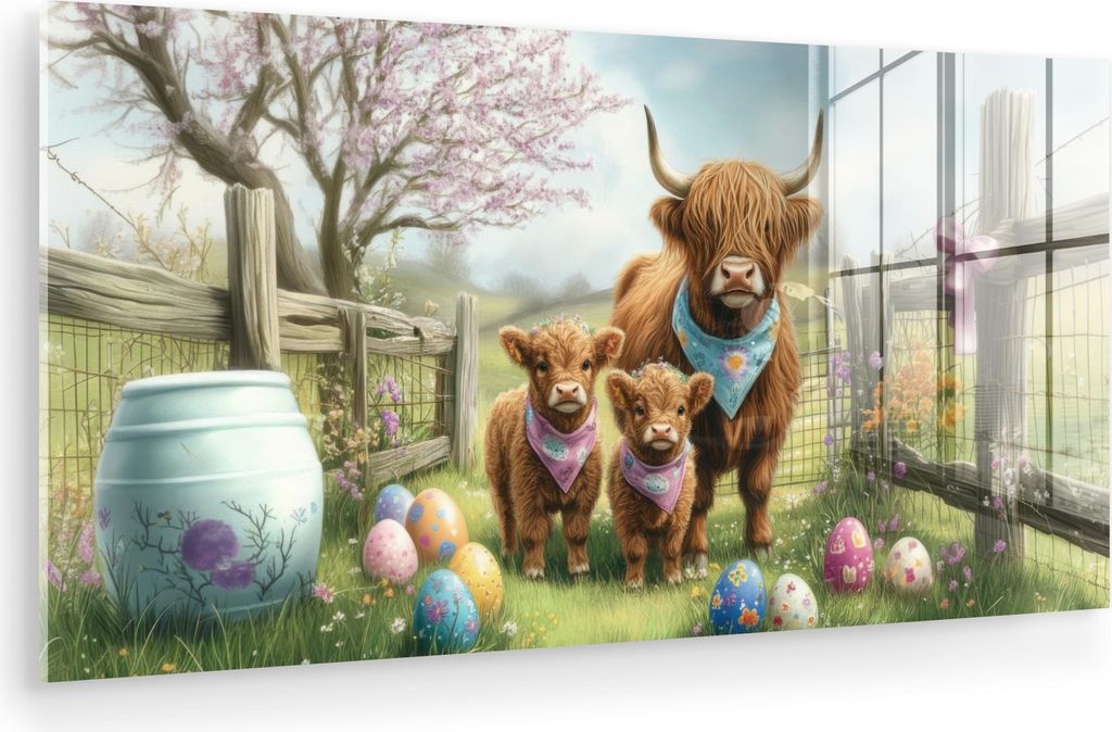 MuchoWow Glasbilder - Bilder auf Wandbild - Foto auf Glas Schottische Hochlandrind - Ostereier - Frühling 40x20 cm Wanddekoration aus Glas - Acryl...