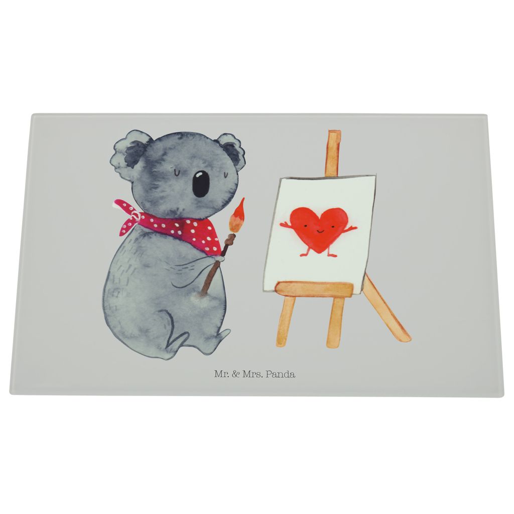 Mr. & Mrs. Panda Glasschneidebrett Koala Künstler - Grau Pastell - Geschenk, schneidbrett, Liebesgeschenk, Gefühle, Zeichnen, schneidunterlage, H...
