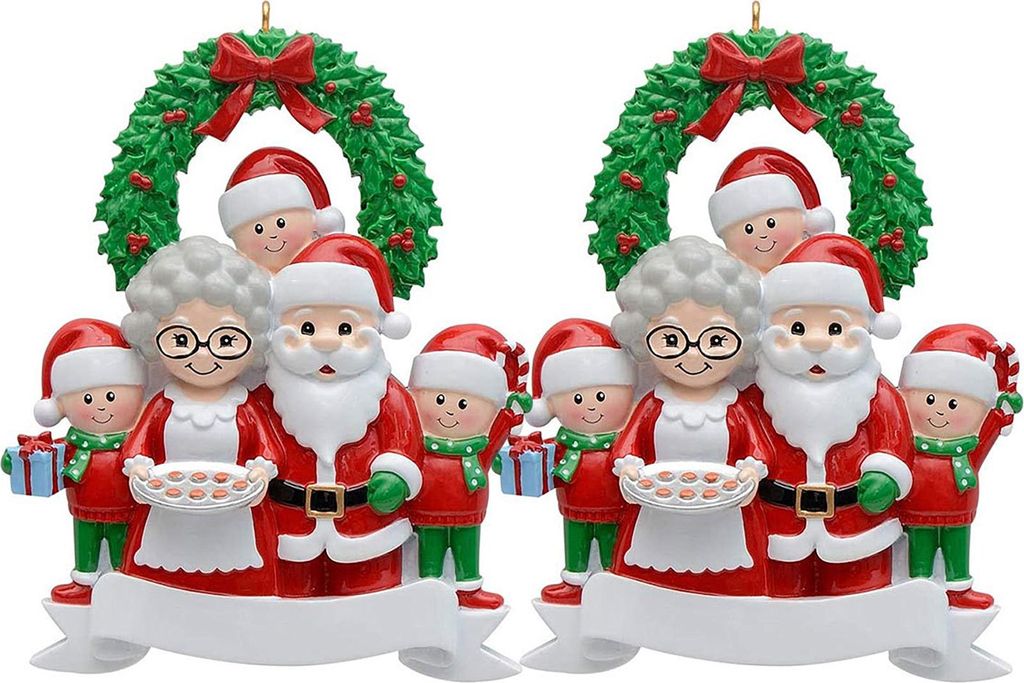 Weihnachtsanhänger mit Weihnachtsmann und Familie, klassische Farben, festliche Dekoration