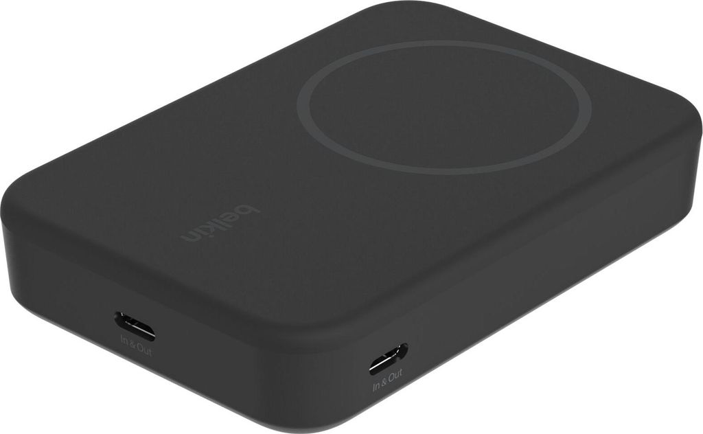 A black Belkin BoostCharge Pro power bank is shown from a diagonal angle on a white background.