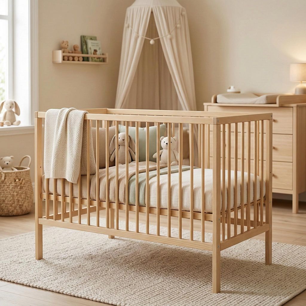 Babybett 120x60 cm Eiche - Einfache Konstruktion Kinderbett Holz - höhenverstellbar, Gitterbett aus Massivholz, modernes Design, Babybett für Neu...