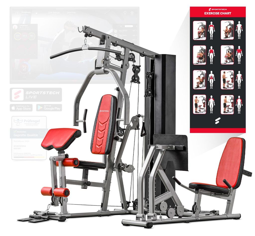 Sportstech Kraftstation HGX300 | 50+ Übungen | Beinpresse | 16 Gewichtsblöcke
