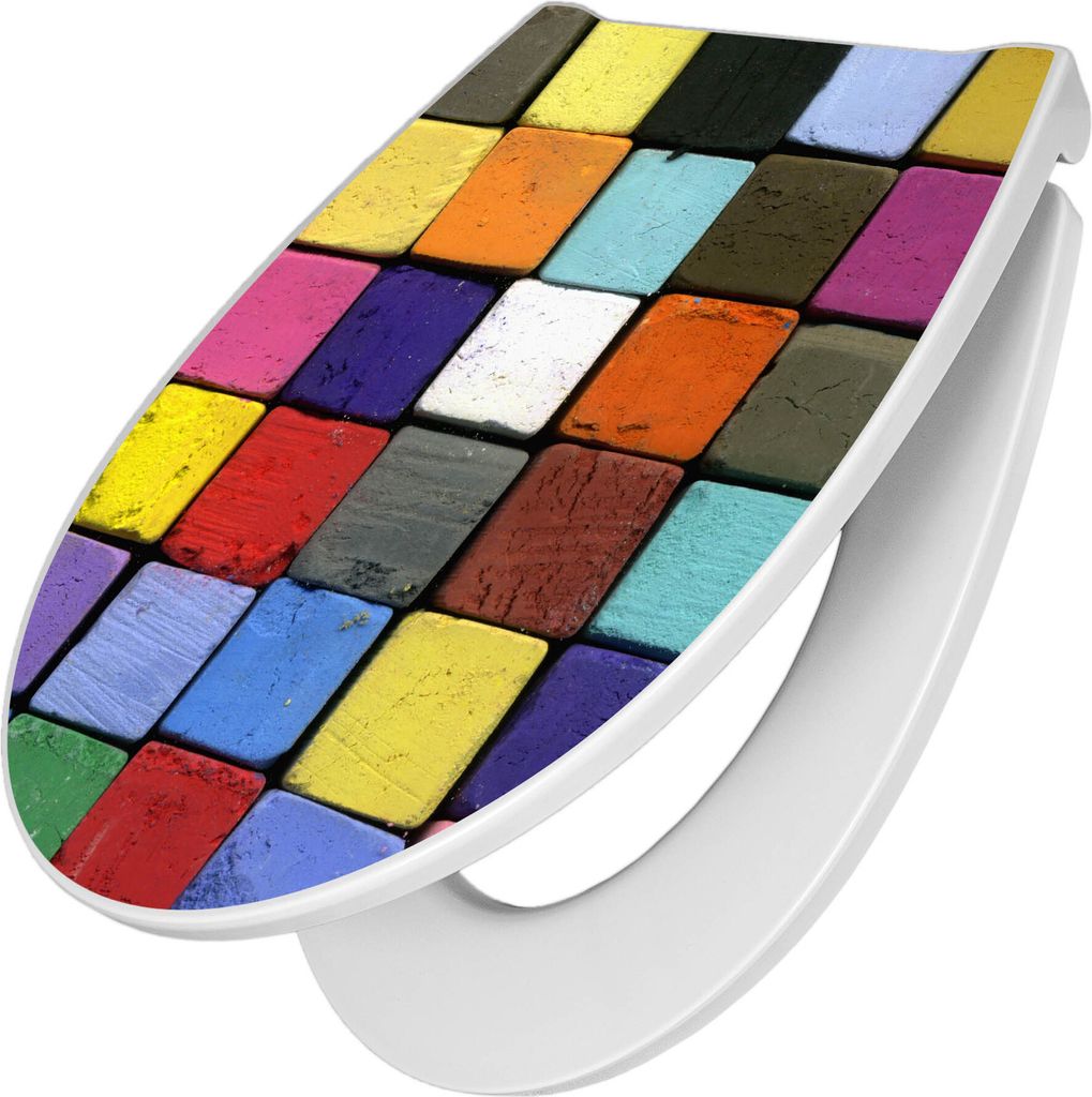 banjado Premium Toilettendeckel mit Absenkautomatik 44x37cm - Bunte Kreide - WC Brille Soft Close - hygienischer Toilettendeckel/Klodeckel Duroplas...