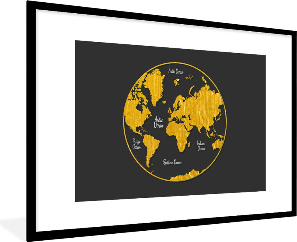 MuchoWow Gerahmtes Poster Weltkarte - Kreis - Gold 90x60 cm - Poster mit Schwarzem Bilderrahmen Wandposter Rahmen Foto Bilder - Wanddekoration - ...