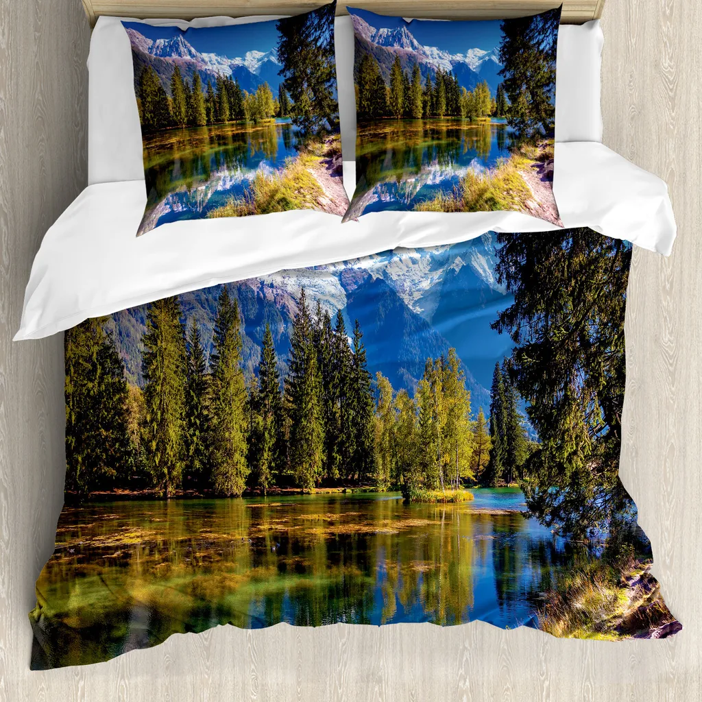 Parure de lit 200x200 Snowy Alps motif montagne avec taies d'oreiller