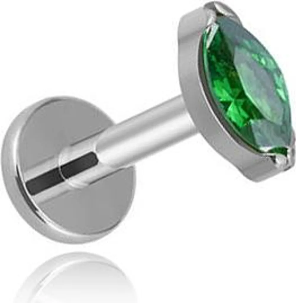 Piercing labret titane argenté et sa pierre de zircon vert 6mm