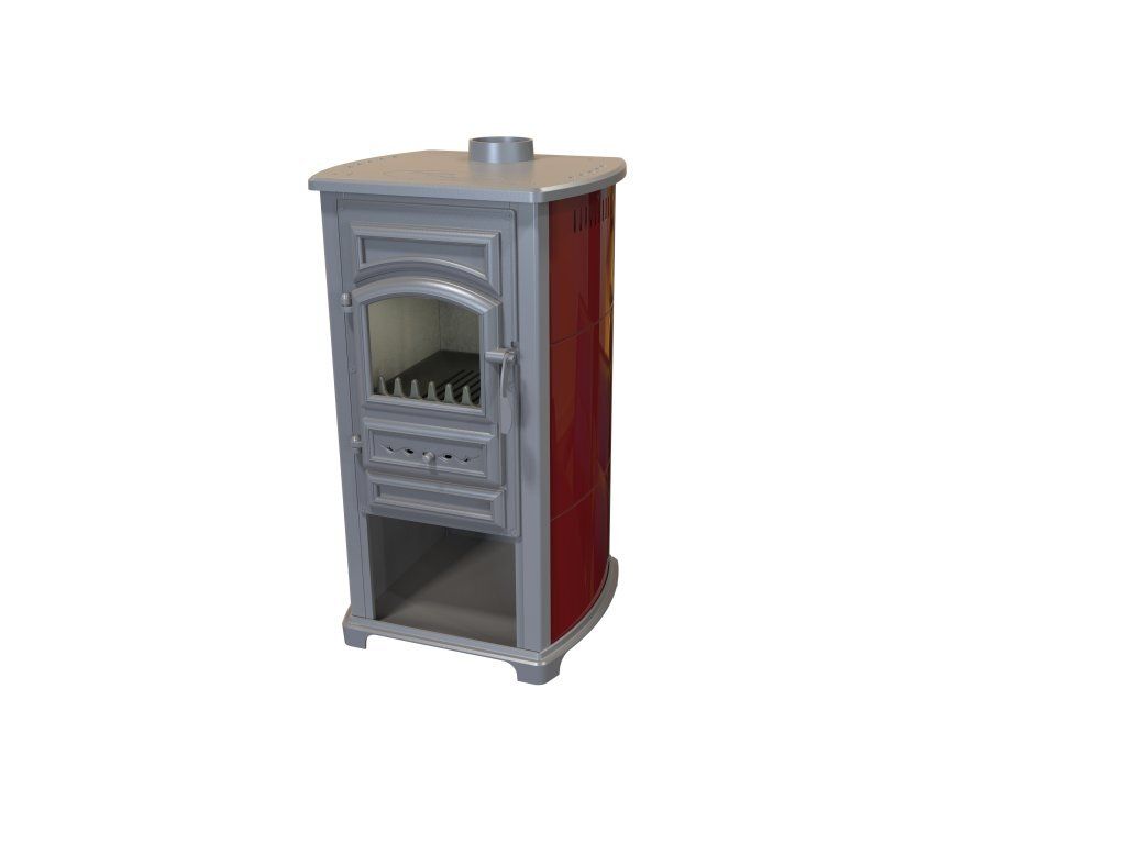 A red and gray wood-burning stove is shown against a white background.