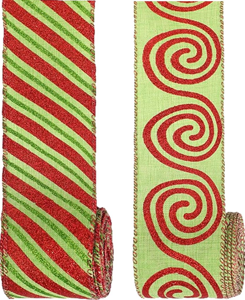 Yards (ca. 4,5 m) langes, verstärktes Weihnachtsband (6,3 cm breit), rot-grün gepunktet/gestreift/wirbelt, ideal zum Verpacken von Weihnachtskrä...