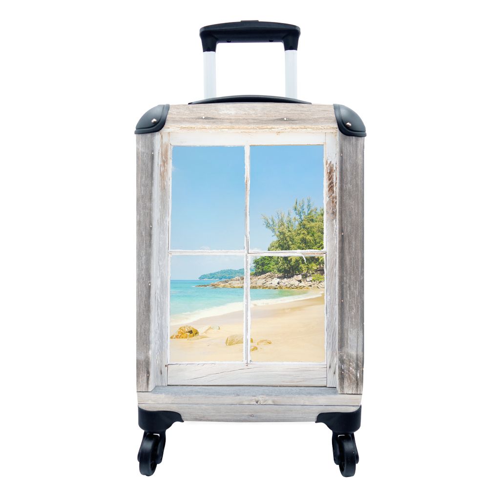MuchoWow Koffer Handgepäck Trolley Rollkoffer Kleine Reisekoffer mit 4 Rollen - Durchblick - Strand - Holz - Cabin Size < 55x40x23 cm & 55x40x20...