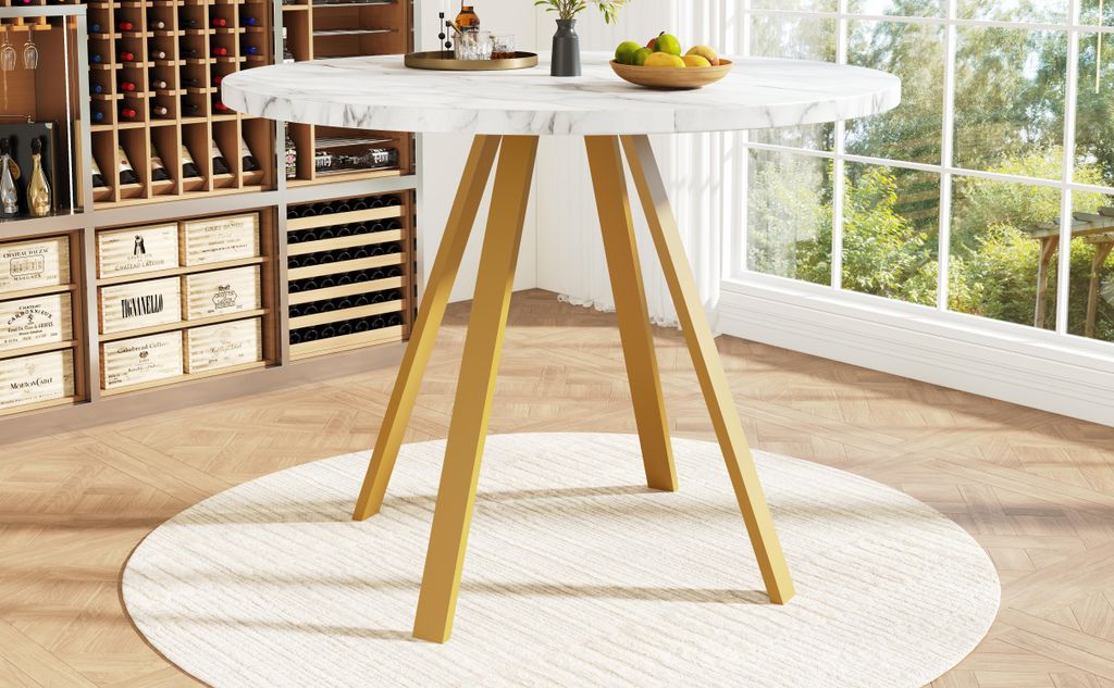 Runder Tisch 80x80x75cm - 4 Sitzplätze, weiße Marmorplatte, goldene Metallbeine, Ess-/Wohnzimmer