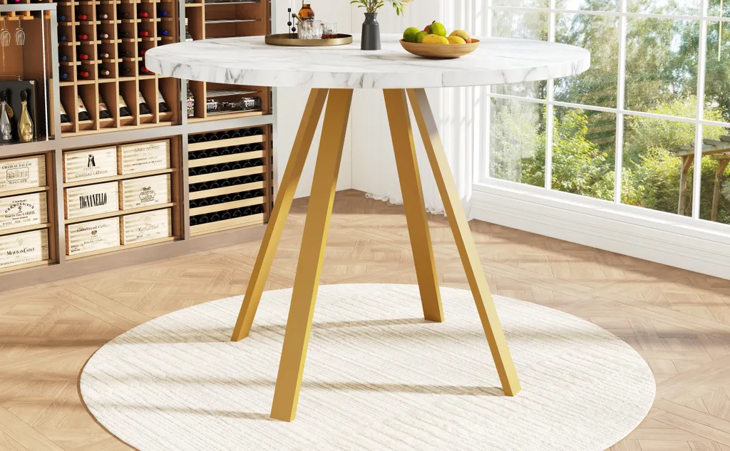 Table à manger ronde design marbre et or pour 4 personnes 80x80 cm