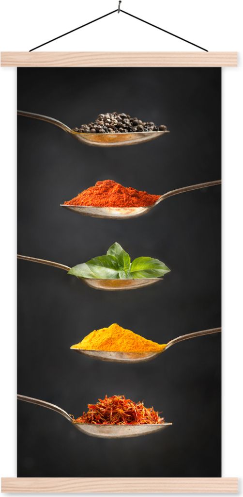 MuchoWow Textilposter Kräuter - Löffel - Gewürze - Schwarz - Italienisch 60x120 cm mit holzfarbenen Rahmen - Holz