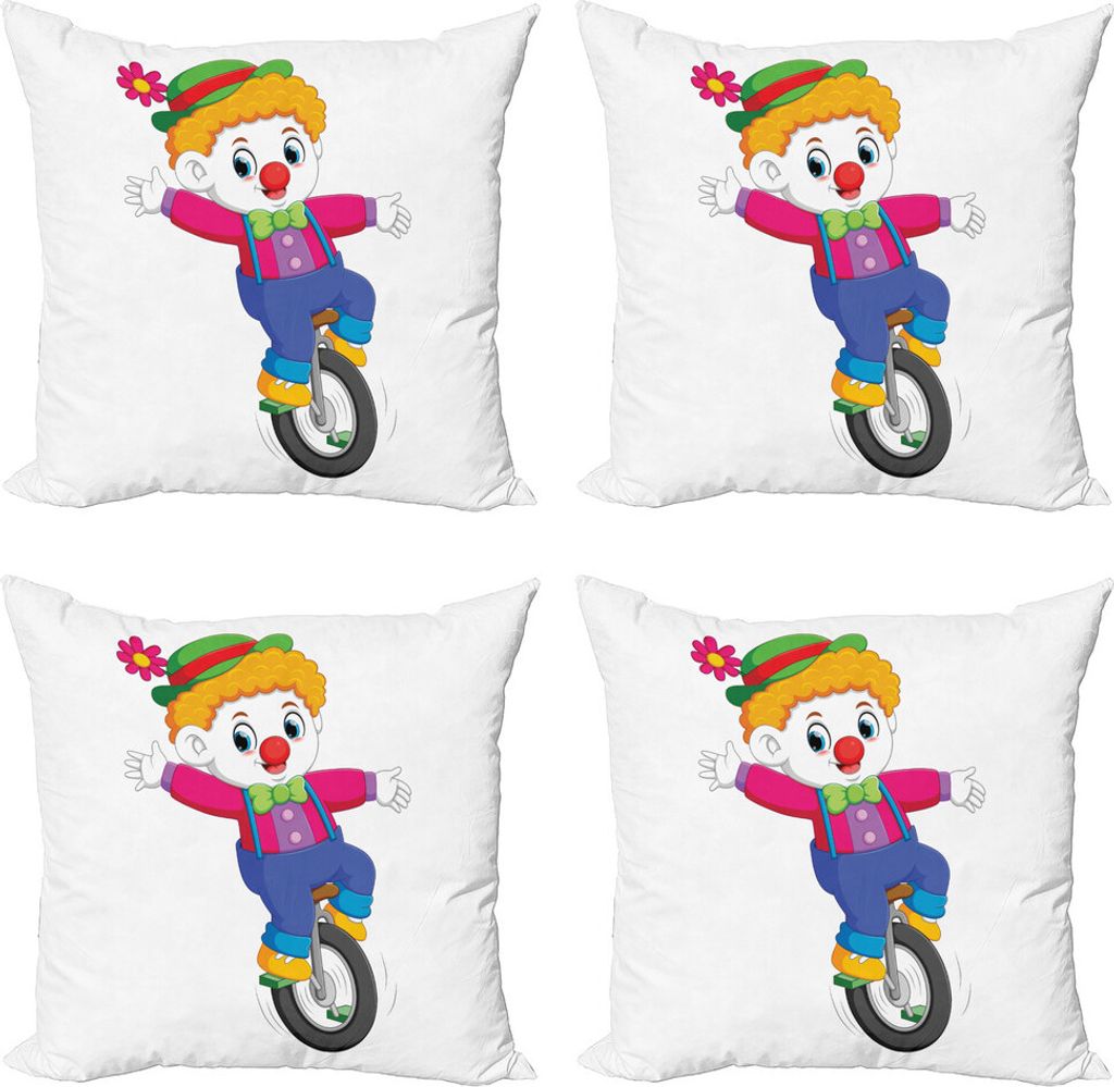 ABAKUHAUS Clown Kissenbezug Set (4 Stück), Circus Humorous Junge auf Rad, Moderner Doppelseitiger Digitaldruck, 45 cm x 45 cm, Mehrfarbig