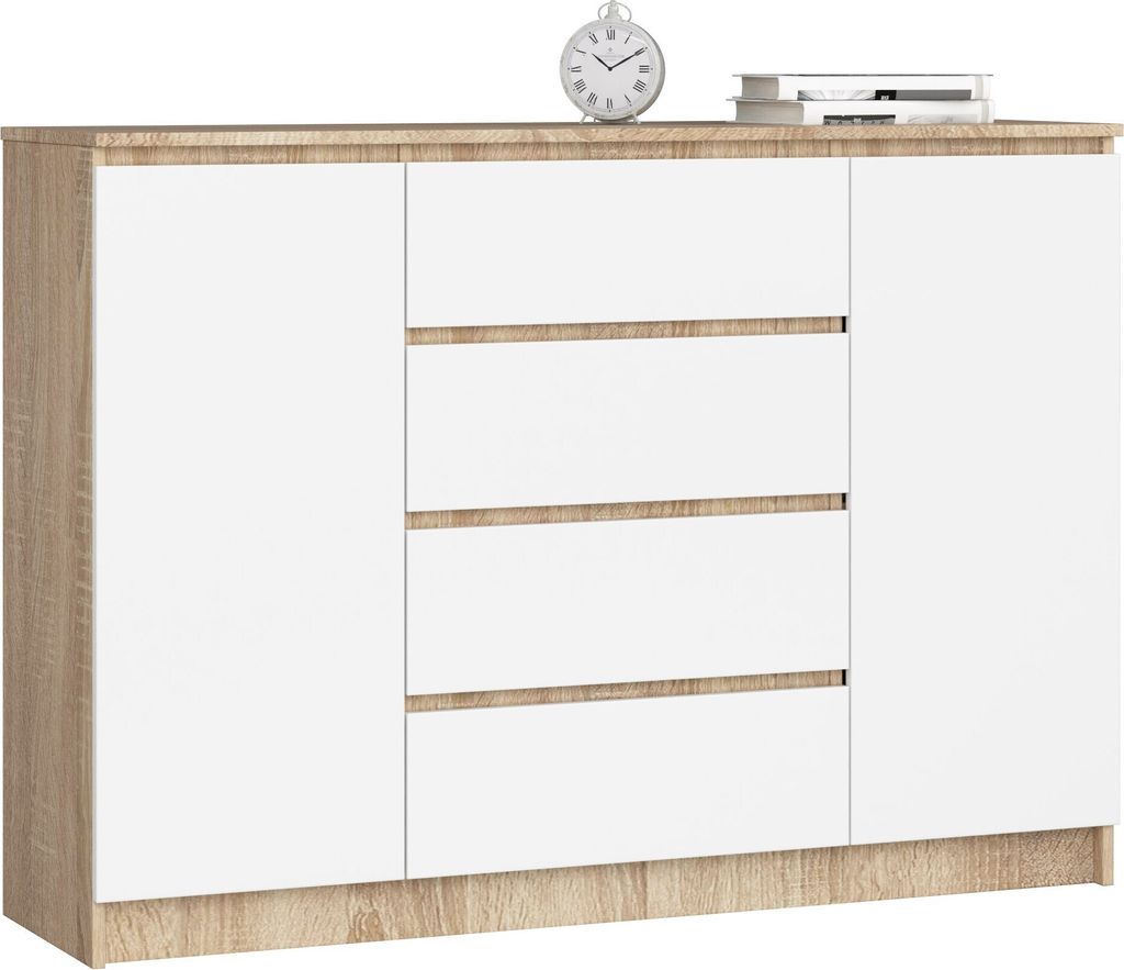 Kommode AKORD K140 Sonoma-Eiche 138 cm 2 Türen 4 Schubladen 4 Ebenen Front Weiß B138 x H99 x T40 cm