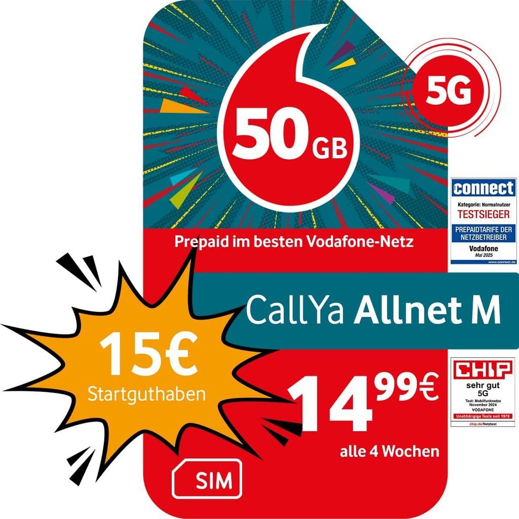 Vodafone Prepaid CallYa M | 70 GB statt 50 GB | 10 EUR Startguthaben | ohne Vertrag | 5G-Netz | Telefon- SMS-Flat | EU-Roaming