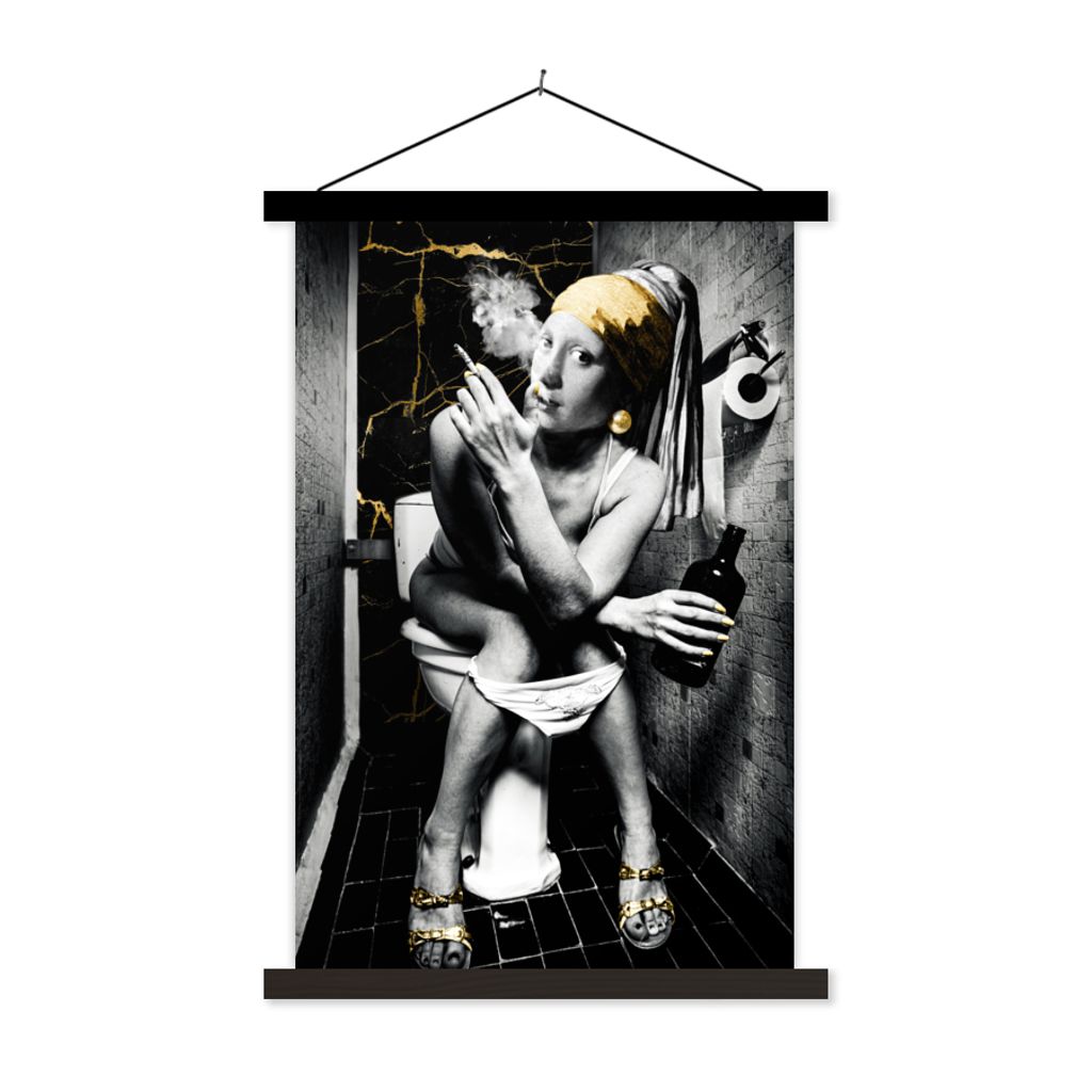 MuchoWow Textilposter Marmoroptik - Mädchen mit Perlenohrring - Zigaretten - Toilette - Gold - Kunst - Alte Meister 40x60 cm mit schwarzem Rahme...