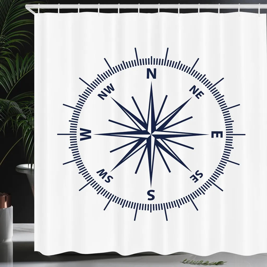 ABAKUHAUS Tenda da doccia in stile marittimo, disegno monocromatico con rosa dei venti e bussola, stampa grafica semplice, 175 x 200 cm, blu navy e bianco - 4