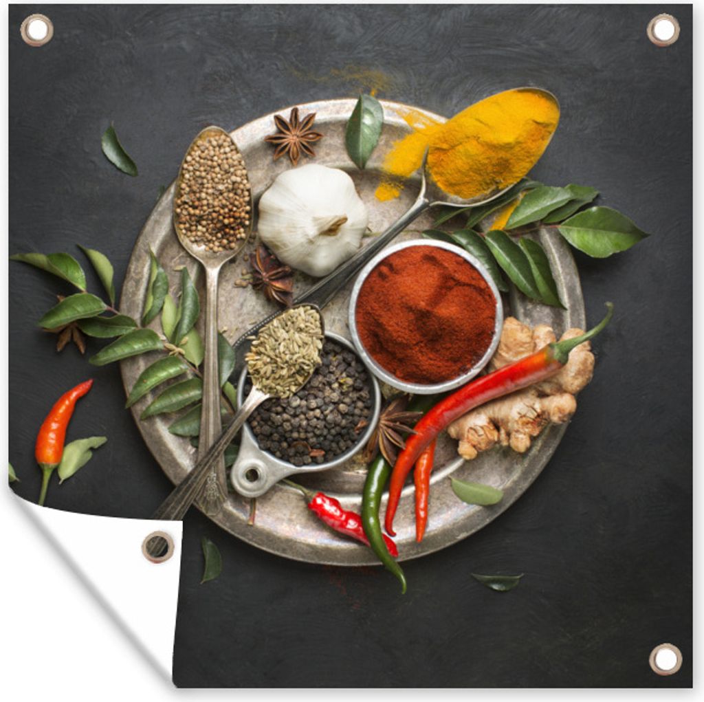 MuchoWow 100x100 cm Outdoor-Poster Gartendeko Sichtschutz Garten Poster für den Garten Gewürze - Teller - Pfeffer - Schwarz - Löffel - Silber