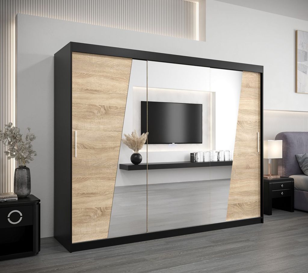 Schwebetürenschrank GABRIELA – Breite 250 cm, Schwarz / Eiche Sonoma