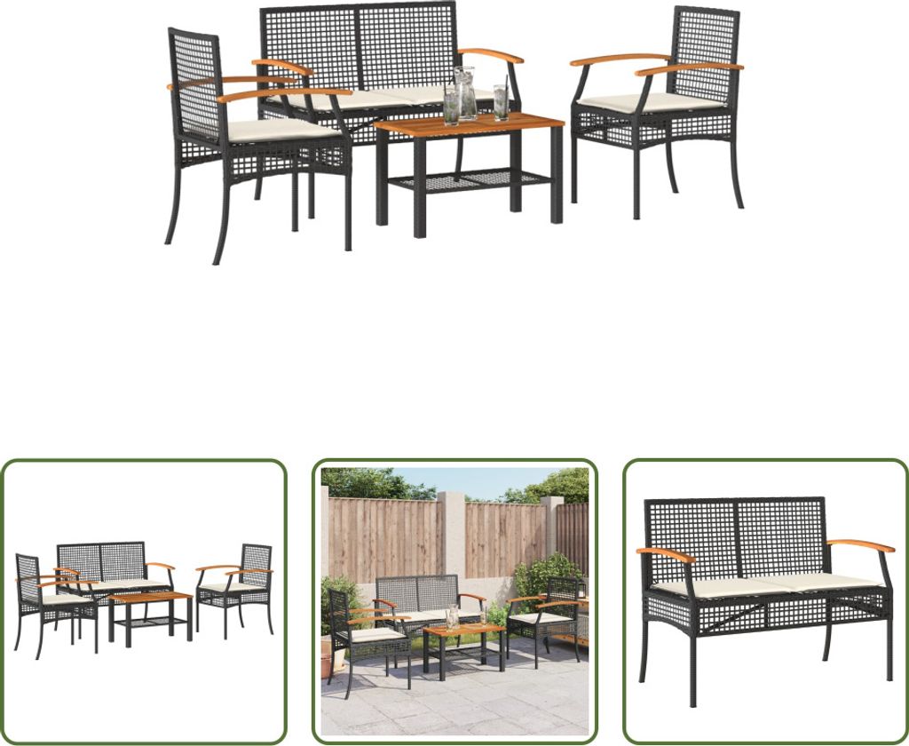 The Living Store 4-tlg. Garten-Lounge-Set mit Kissen Schwarz Poly Rattan