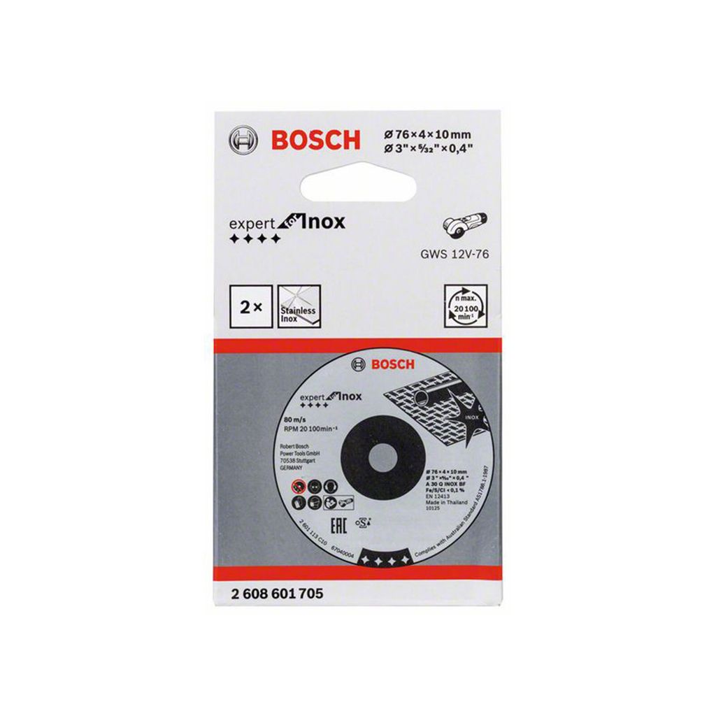 The image shows the packaging of Bosch cutting discs for stainless steel.