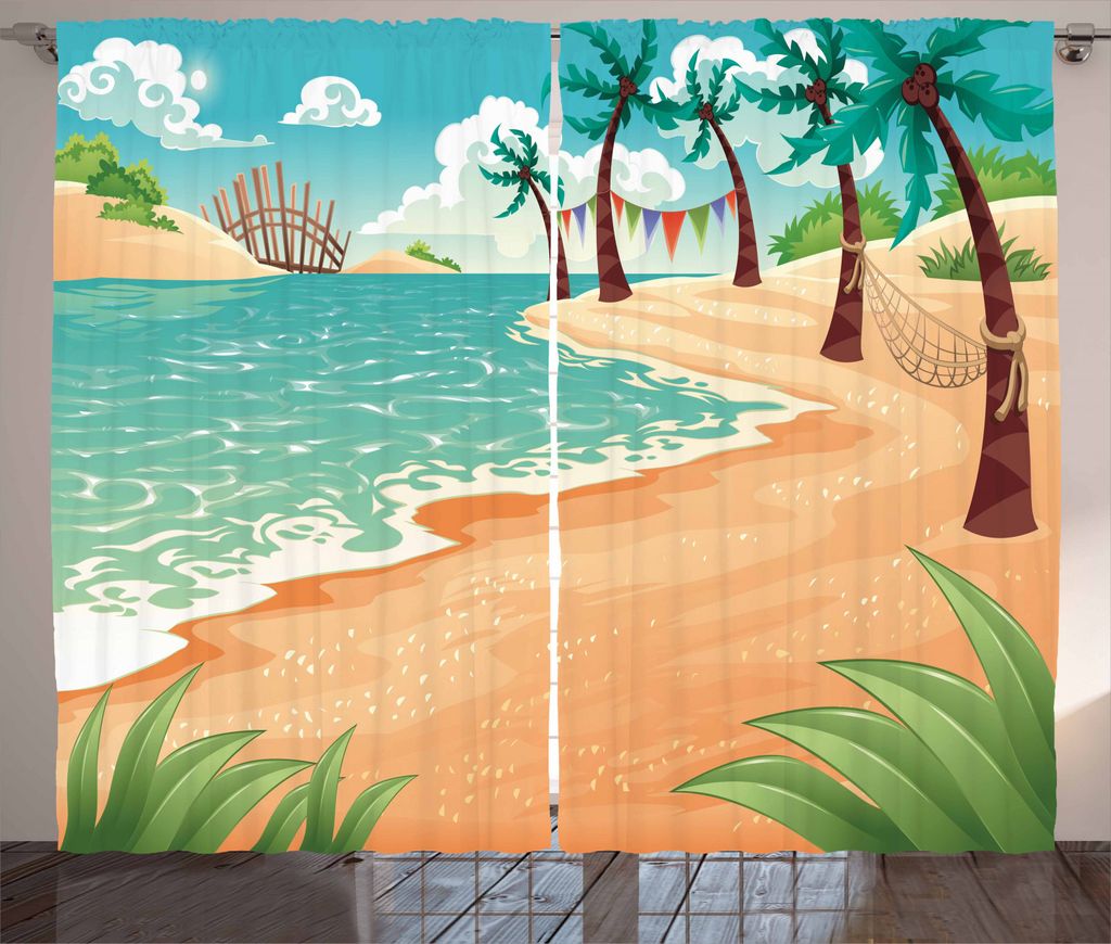 ABAKUHAUS Tropisch Rustikaler Vorhang, Kindergarten-Sommer, Wohnzimmer Universalband Gardinen mit Schlaufen und Haken, 280 x 245 cm, Meeresgrün Pf...