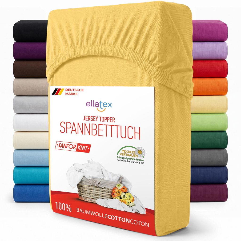 EllaTex Jersey Topper Spannbettlaken 140x200–160x200 Baumwolle – weich & atmungsaktiv, Spannbetttuch für Topper 7–12 cm, in Farbe: Gelb