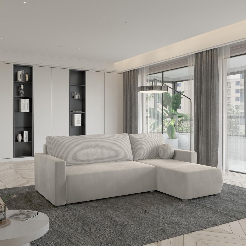 Masseno Ecksofa SORGE mit Schlaffunktion L-Form, Sofa mit Bettkasten, Wohnzimmersofa, Couch, Soffa, Bettsofa, Couchgarnitur- Creme, POSO 100 + PARO...