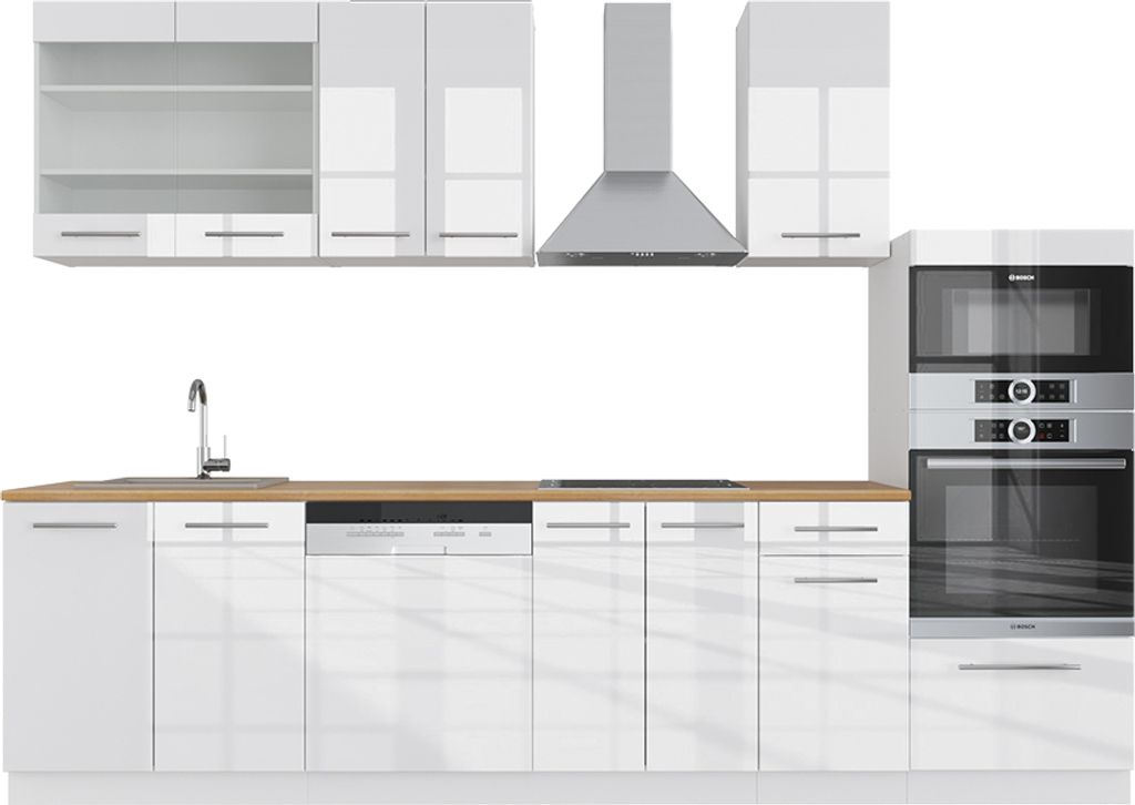 Küchenzeile Vicco Fame-Line Weiß Hochglanz/Weiß 300 cm mit Hochschrank, AP Eiche, Model 42561