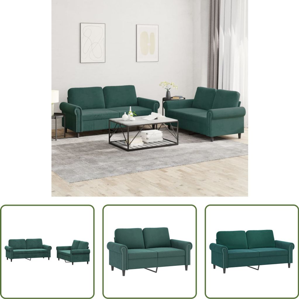 The Living Store 2-tlg. Sofagarnitur mit Kissen Dunkelgrün Samt