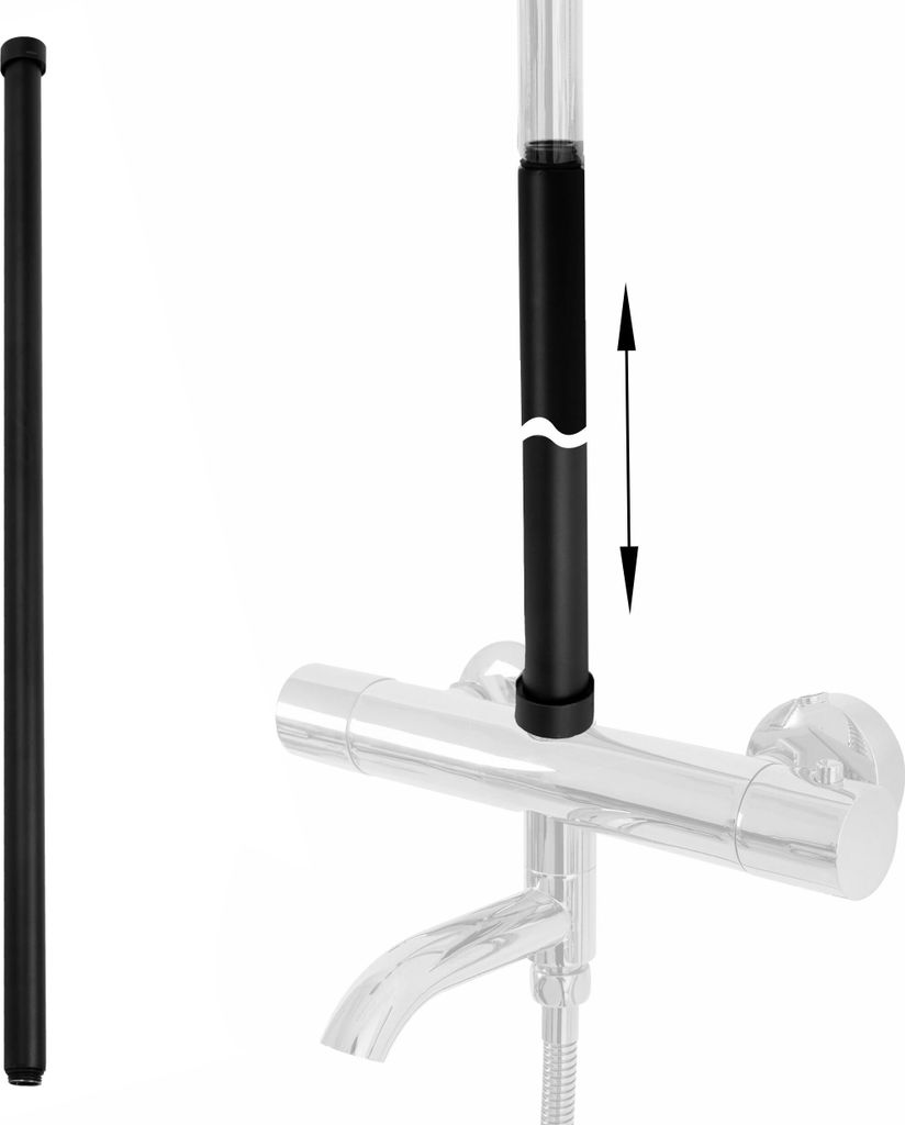 A black extension piece for a shower set is shown next to a shower mixer tap.