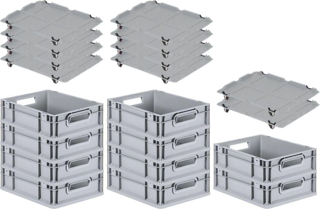 SparSet 10x Eurobox NextGen Grip mit Auflagedeckel inkl. 4 schwarzen Schiebeschnappverschlüssen | HxBxT 12x30x40cm | 11 Liter | Griffe offen | Gla...