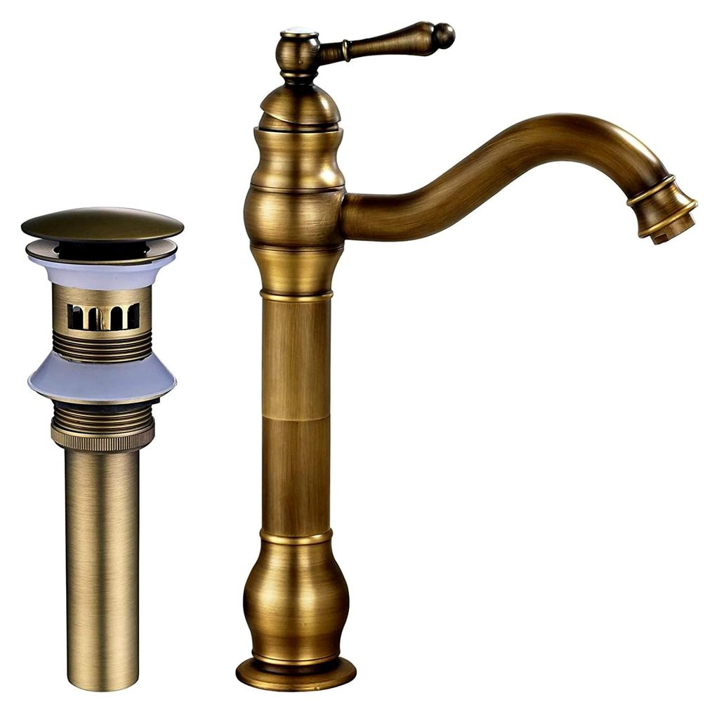 Waschbecken Mischbatterie Einhand Wasserhahn für Arbeitsplatte mit Pop-up Abfluss (mit Überlauf) Antik Messing