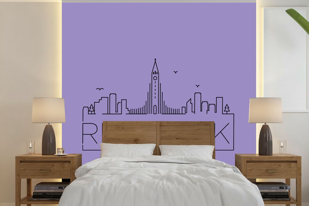 MuchoWow Fototapete für Wohnzimmer oder Schlafzimmer Wandtapete Vinyl Motivtapete Stadtbild "Reykjavik" vor einem violetten Hintergrund - 350x35...