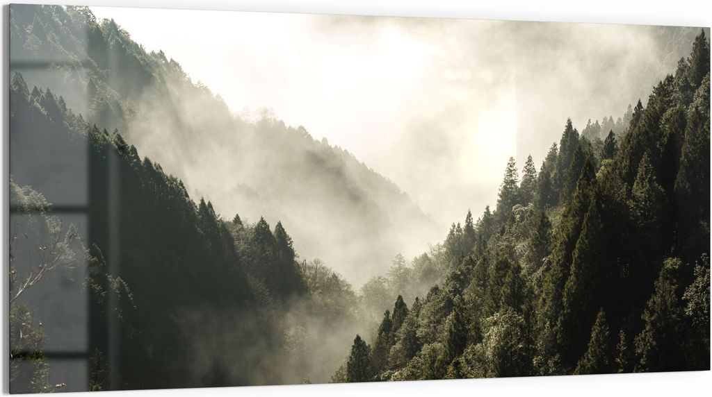 DEQORI Magnettafel Glas 100x50 cm 'Nebel in den Bergen' beschreibbar Whiteboard