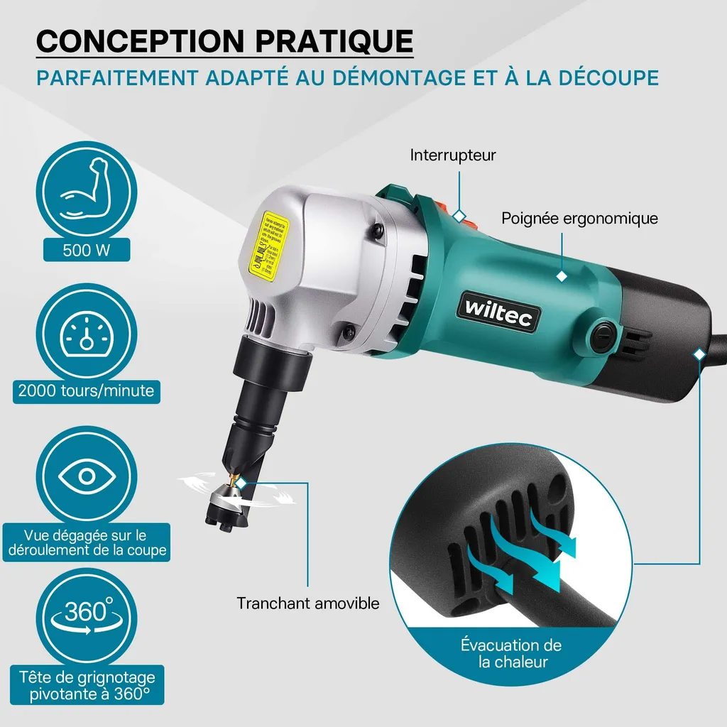 Wiltec Grignoteuse Électrique 500W pour Tôle et Métal - Coupe 2,5 mm