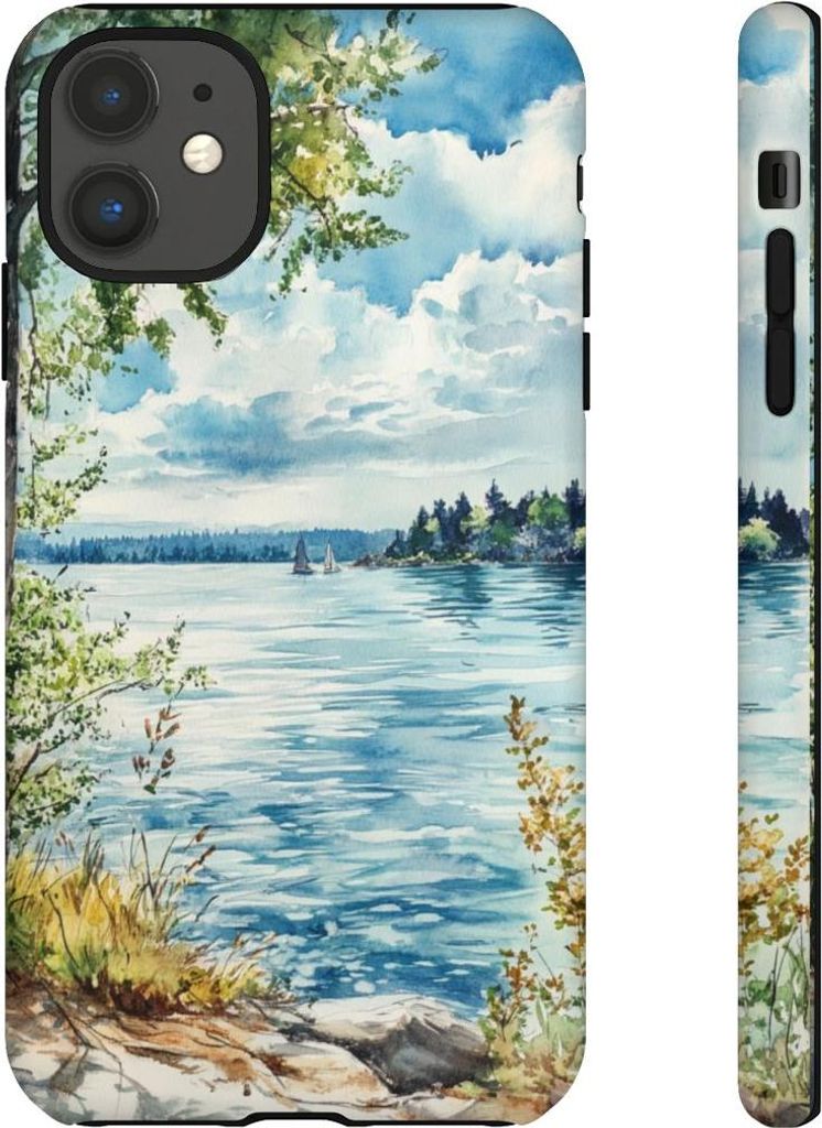 Aquarell-Landschaft mit See, Bäumen und Segelbooten – Hülle Kompatibel mit iPhone 11