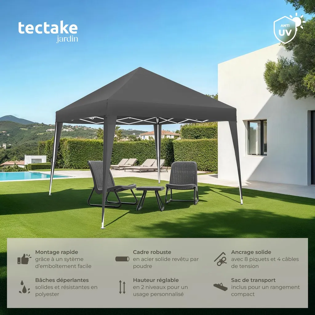 Tonnelle pliante Linosa 3x3m grise - Montage rapide sans outil de jardin