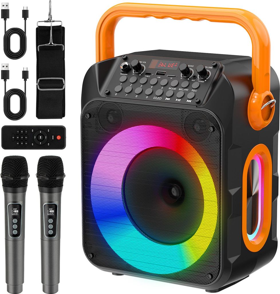 Karaoke Maschine mit 2 Karaoke Mikrofonen, Karaoke Anlage für Erwachsene Kinder - Tragbare Bluetooth Party Karaoke Box - Mikrofon mit PA Lautsprecher