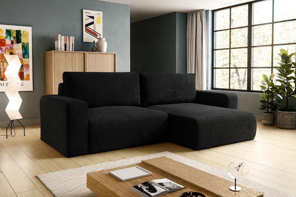 GOYA OPERA 245x140 – universelle Seite, Cord Ecksofa, Schlafsofa mit Bettkasten, Skandinavisch/Boho Design, Universell, POSO 135 - Schwarz