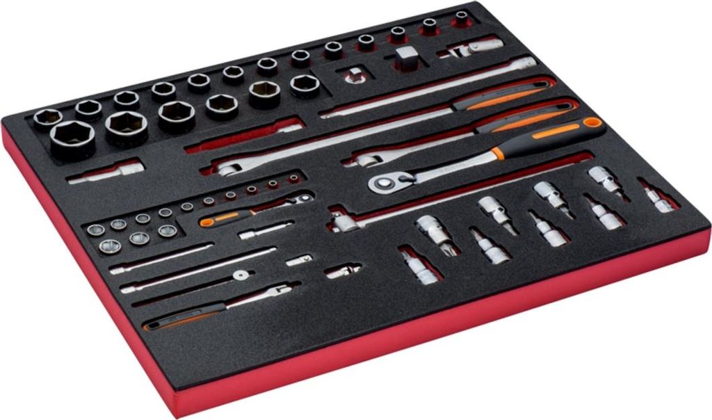 Bahco Fit&Go 3/3 Schaumstoffeinlage Satz Steckschlüssel-Einsätze und Umschaltknarre mit rundem Kopf - 59-tlg.