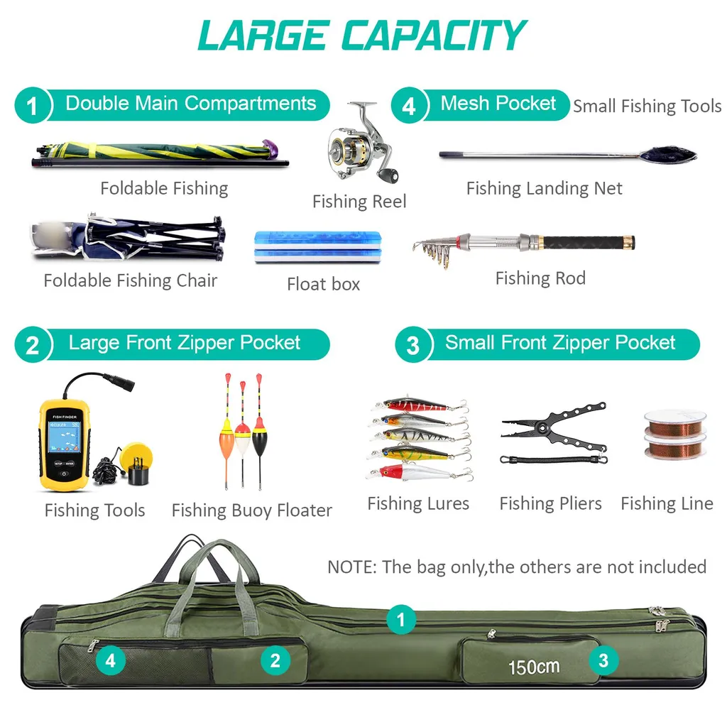 Fourreau de pêche 150cm portable et pliable avec grands compartiments
