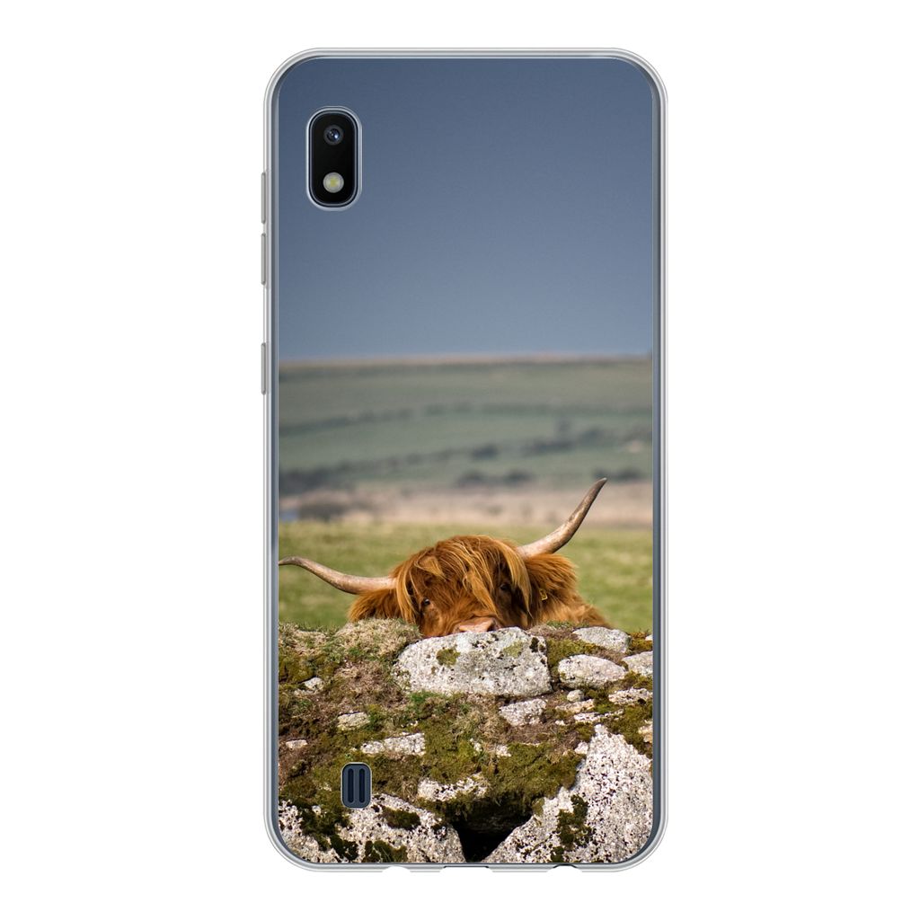 MuchoWow Handyhülle Schutzhülle Hülle für Samsung Galaxy A10 Schottische Highlander - Steine - Gras Silikon Softcase Handy Hülle - Schutzhülle