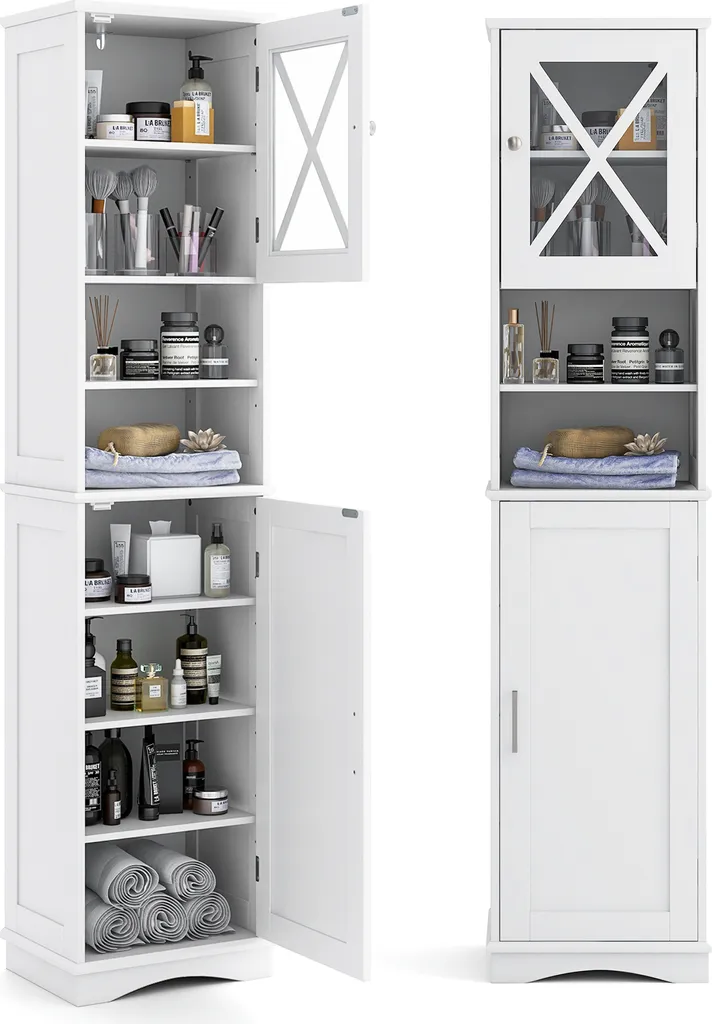 Armoire Haute de Bain avec 5 Étagères Réglables et Dispositif Sécurité