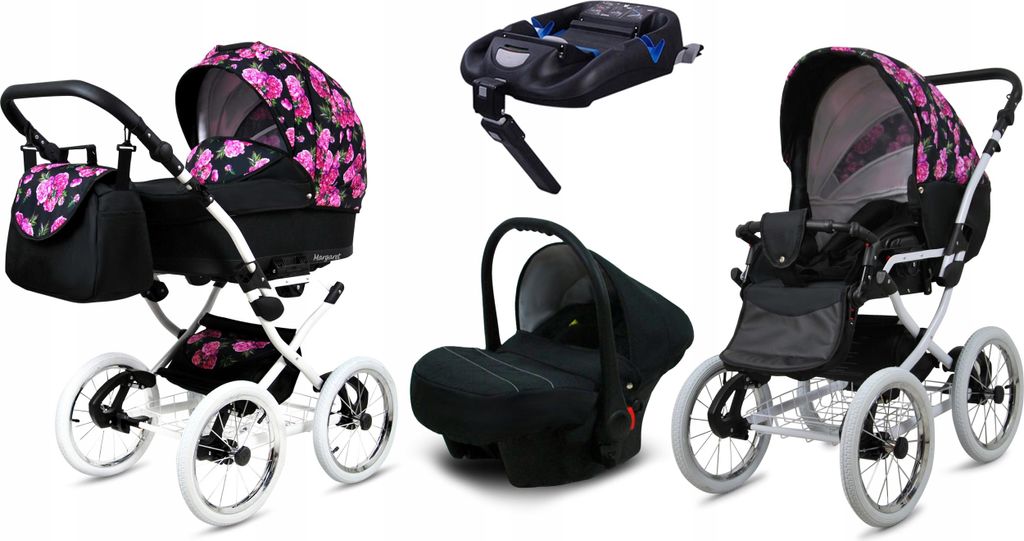 BabyLux Margaret White | 4in1 Kinderwagen Set | Bouquets Peony On Black | Kombikinderwagen | Ki
