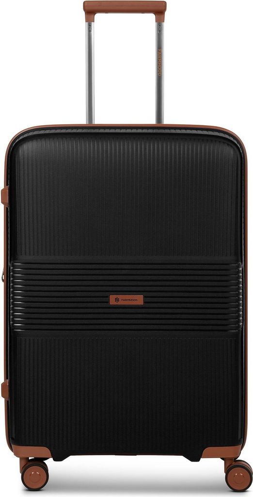 A black trolley suitcase with brown accents and wheels, standing upright on a white background.
