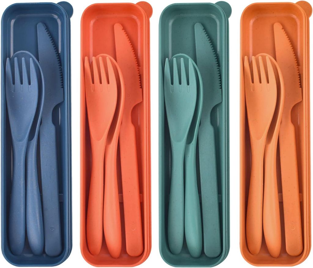 Plastik Besteck Mehrweg Set, 4 Sets Reise Besteck mit Etui, Produktbild 