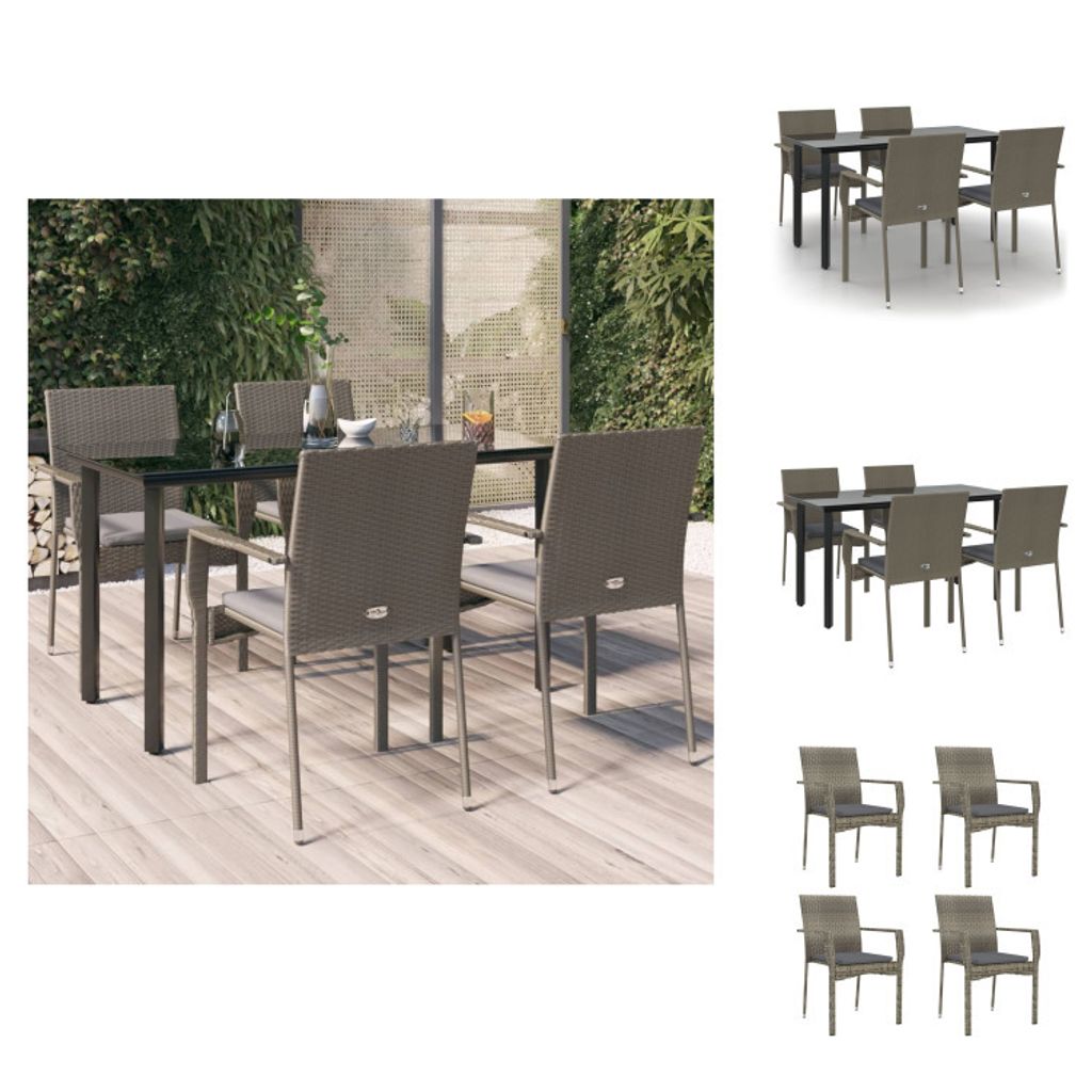 vidaXL 5-tlg. Garten-Essgruppe mit Kissen Schwarz und Grau Poly Rattan - Gartenmöbel-Sets