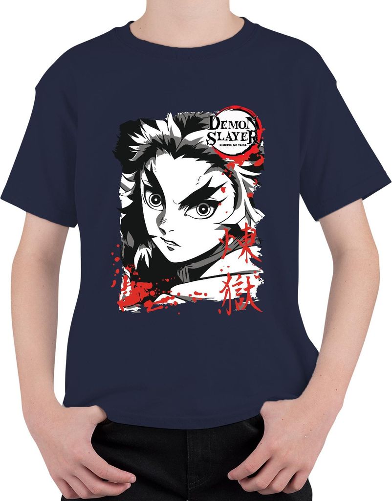 Demon Slayer Kimetsu no Yaiba Rengoku Feuer Anime Geschenk Uni Kinder T-Shirt, Navy, 128