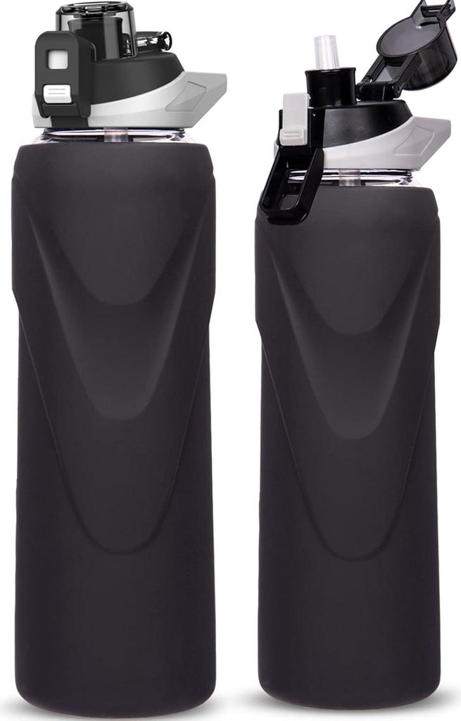 Glas Sportdrinkflasche mit Strohhalm 1 Liter auslaufsicher BPA-frei - Gymwasserflasche mit Silikonhülle - tiefschwarz